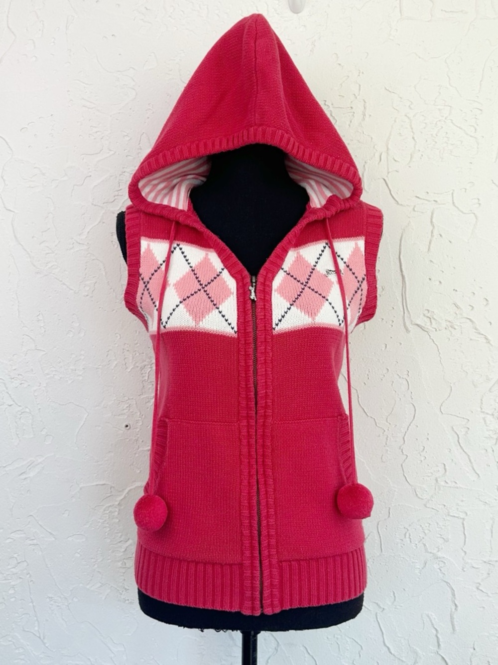 Vintage Y2K Pink Argyle Plaid Sleeveless Zip Up Hoodie Fitted Size Large Preppy